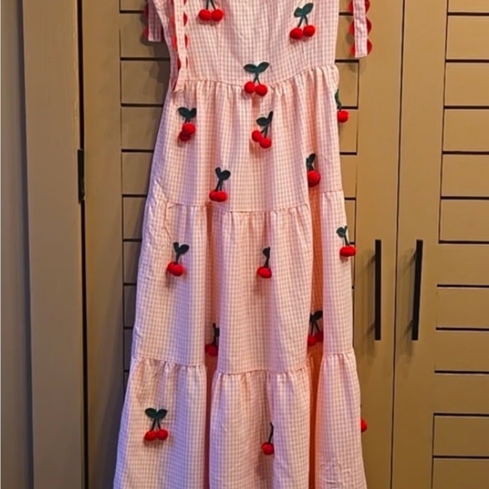Cherry Embroidered Pink Gingham Dress